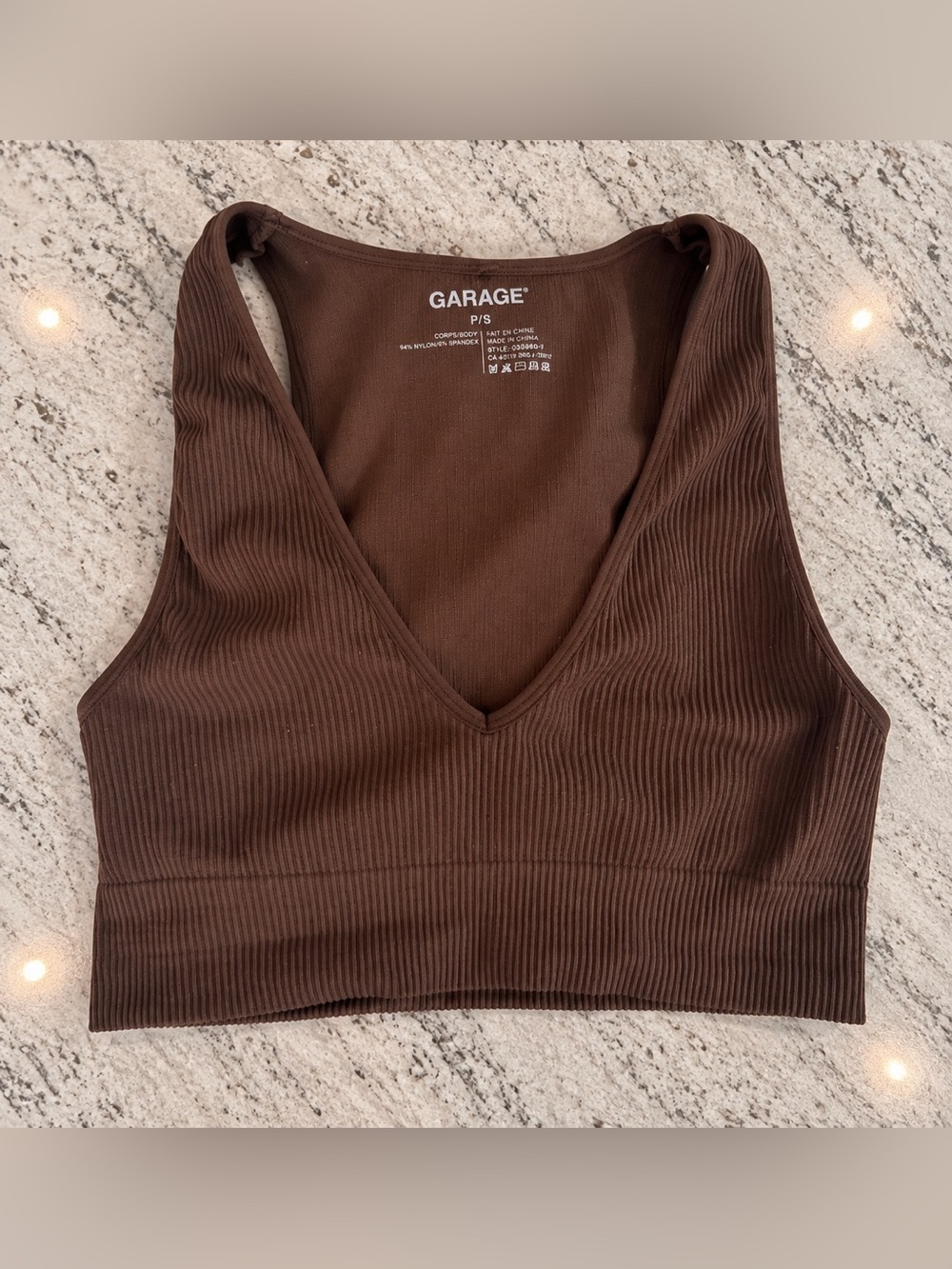 Garage Brown Ribbed V-Neck Crop Tank Top